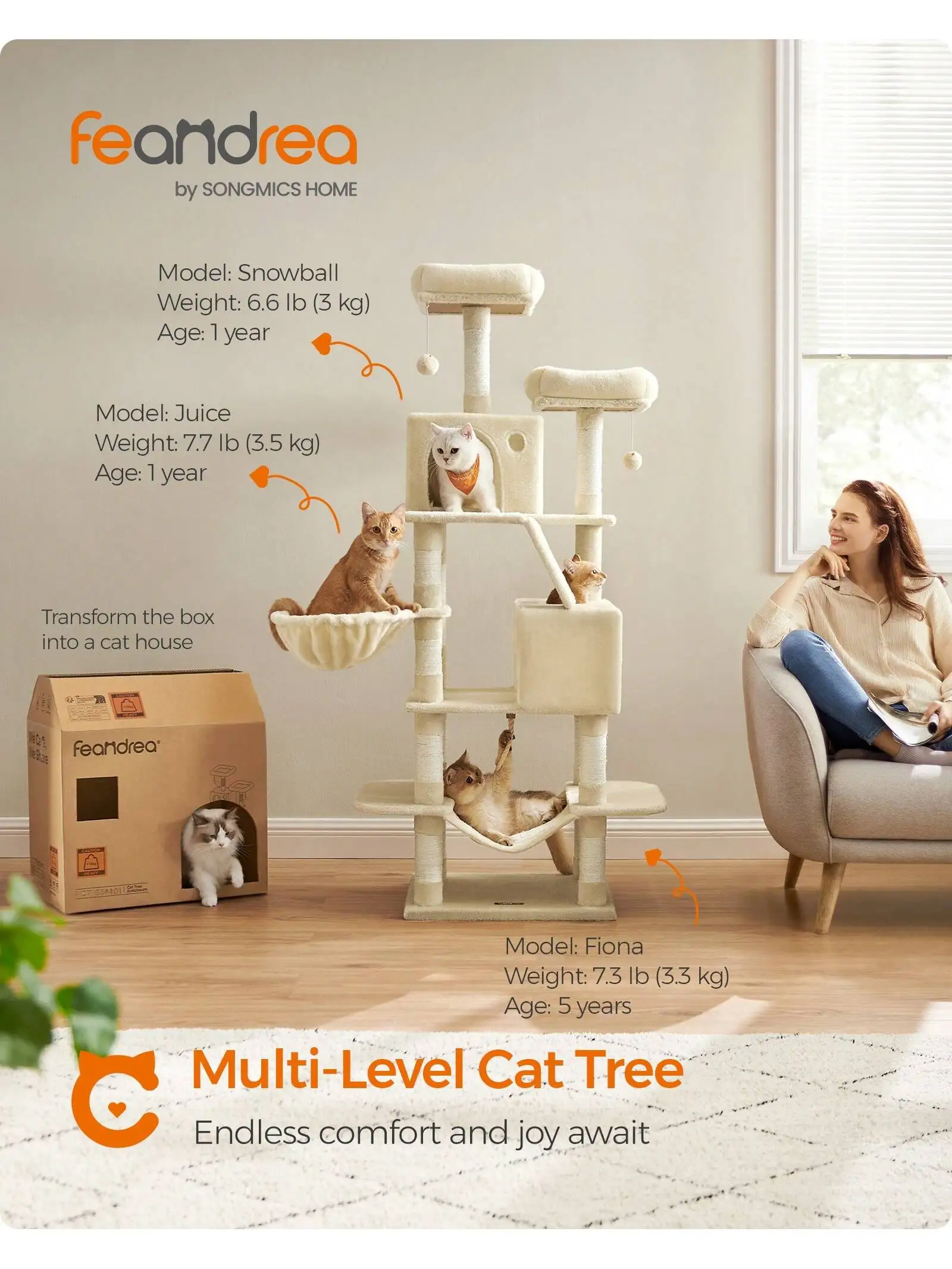 

Feandrea Cat Tree, 66.1-Inch Large Cat Tower With 13 Scratching Posts, 2 Perches, 2 Caves, Basket, Hammock, Pompoms, Multi-Le