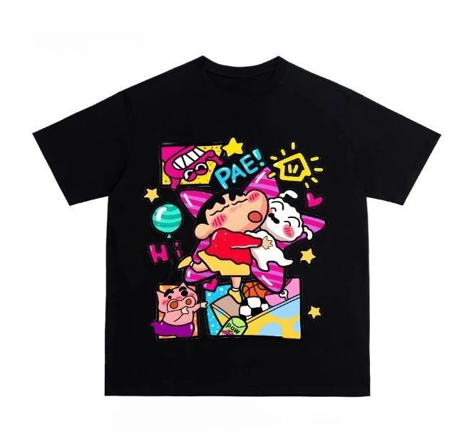 Crayon Shin Chan Shinnosuke & Shiro Hug Print T Shirt Men Women Oversized Cute Cartoon Short Sleeve Casual Tee