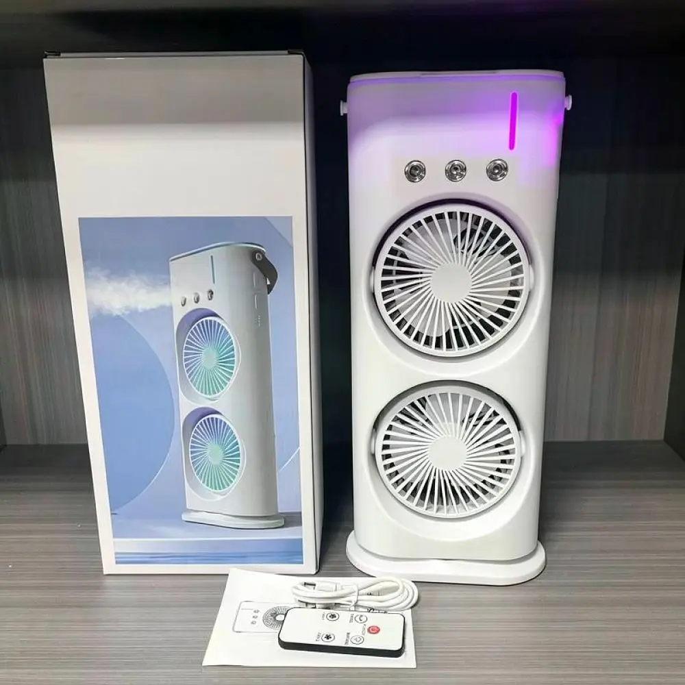 Mini USB Dual Head Misting Fan Desktop Electric Cooler Portable Air Conditioning Fan For Home Office Table Personal Cooling