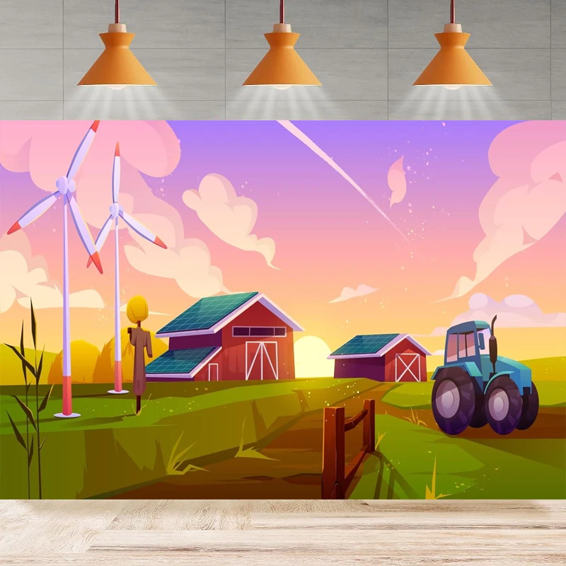 Cartoon Farm Barn Photography Background Tractor Farmland Harvest For Village Farmland Birthday Party Backdrop Wall Banner Decor