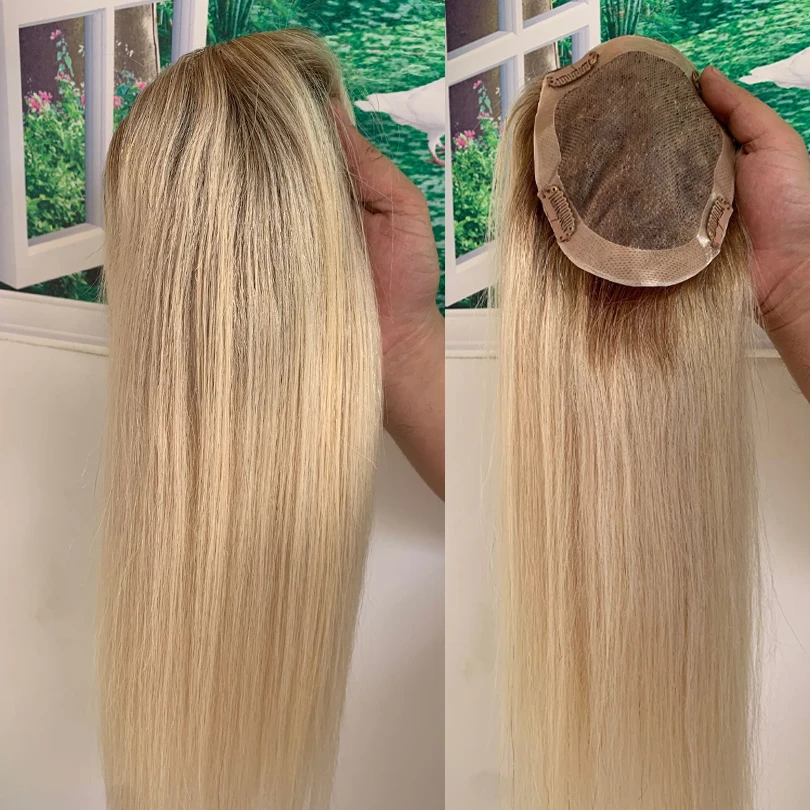 Peluca de cabello humano virgen para mujer, pelo de bebé Natural con cierre de Base Mono, color rubio degradado, tupé de silicona #613