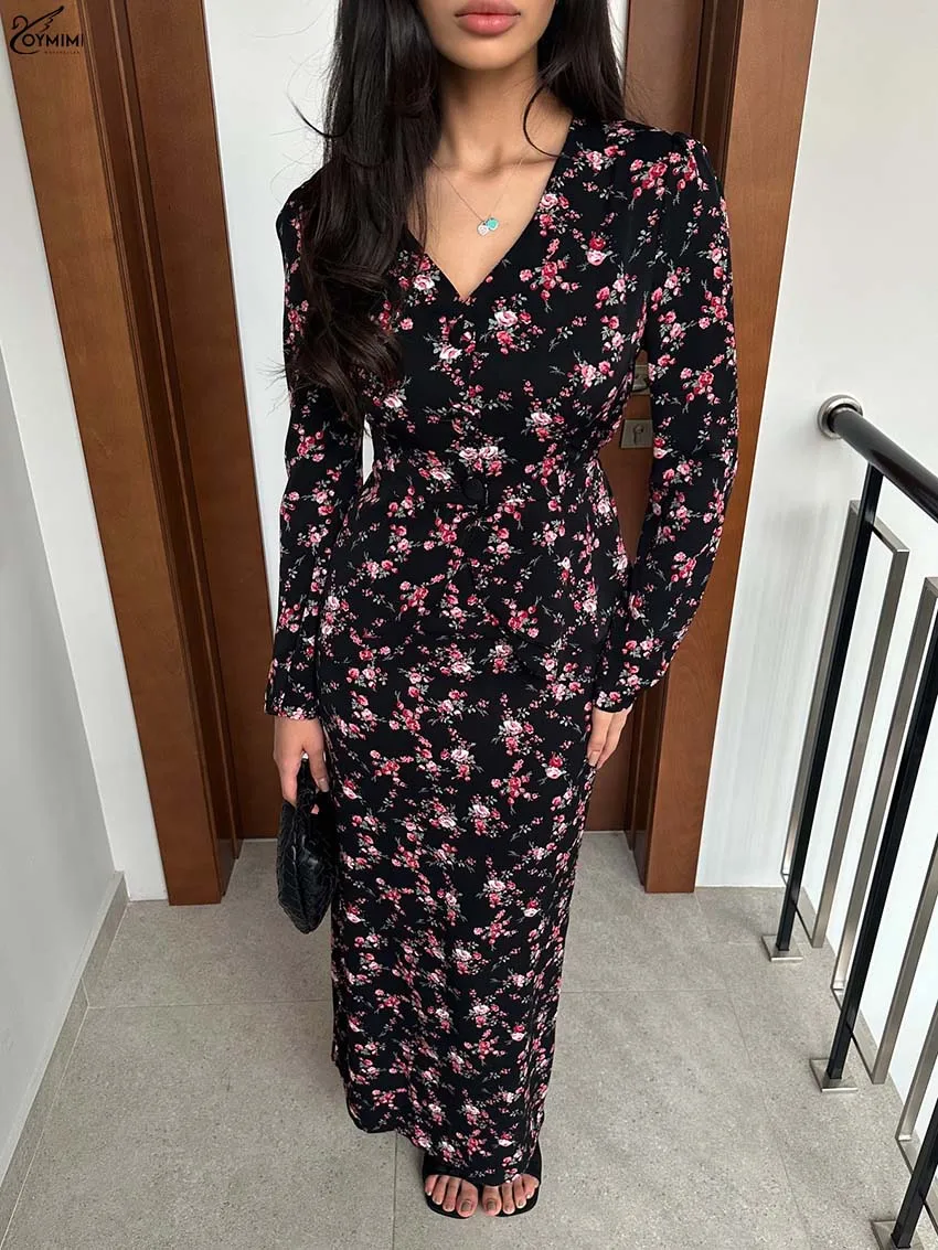 

Oymimi Fashion Black Print Two Piece Outfits Woman Elegant V-Neck Long Sleeve Button Shirts And Straight Ankle-Length Skirts Set