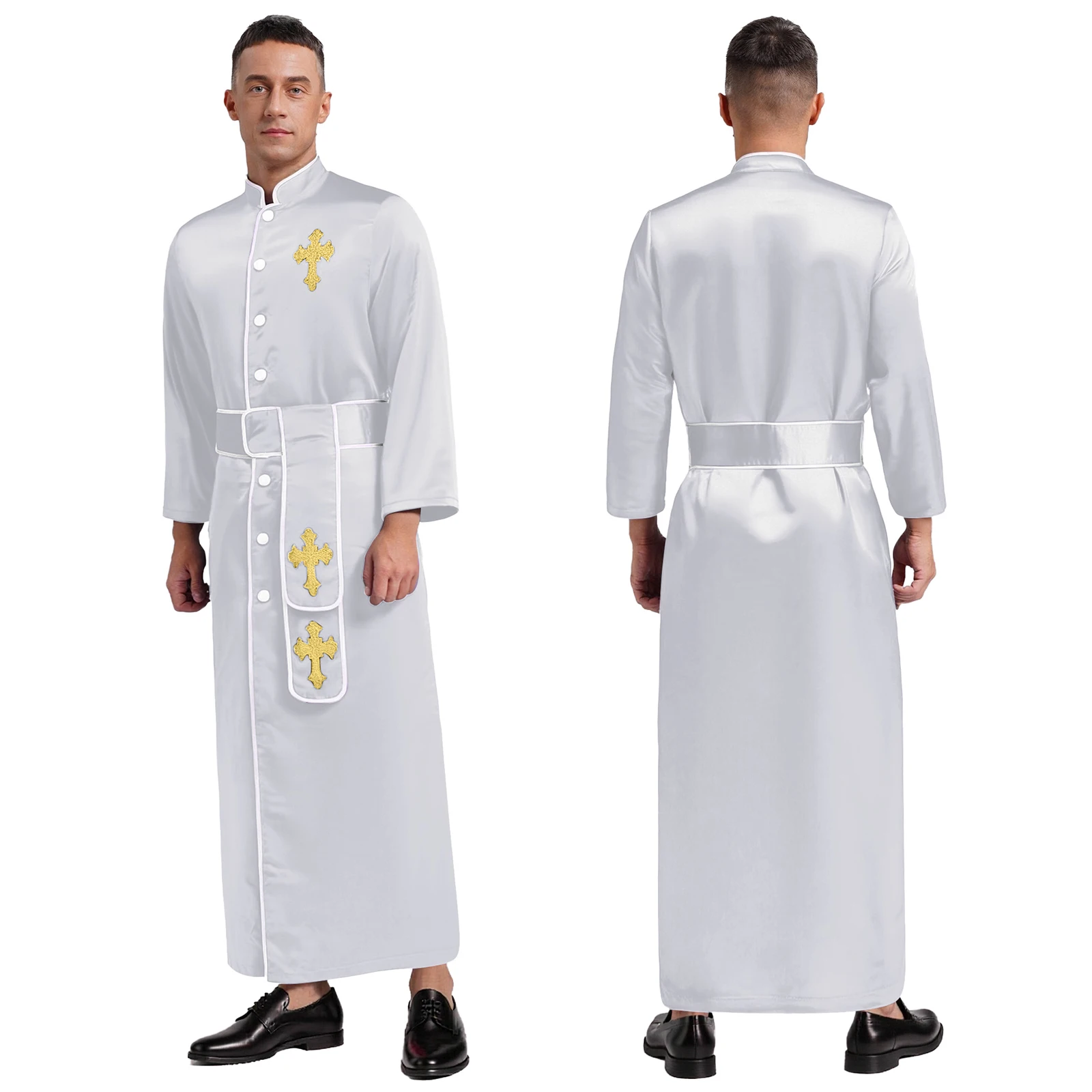

Mens Priest Clergy Church Minister Robe with Belt Cross Embroidery Cassock Vestments Catholic Pastor Cosplay Halloween Costume