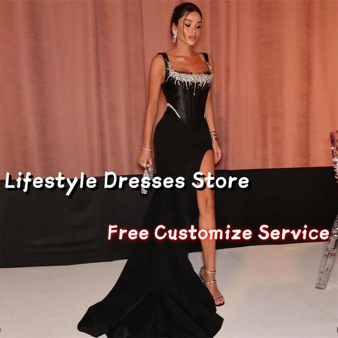 

Square Neck Shiny Sequins Beads Evening Dresses Mermaid Black Long Prom Dresses Saudi 2024 Formal Occasion Party Gown