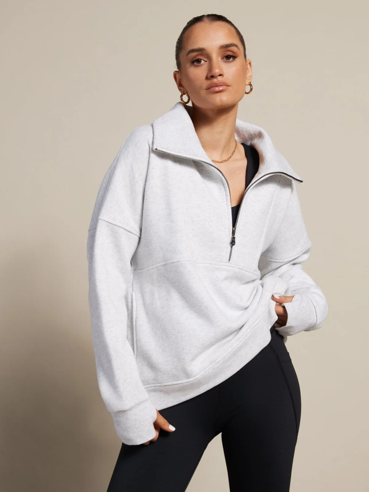 Half Zip Solid Sweatshirts Women Long Sleeve Thumb Hole Pockets Oversized Pullovers Top Stand Collar Casual Loose Fit Streetwear