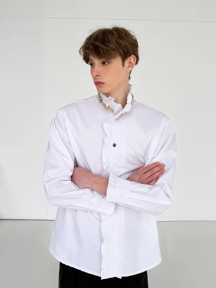 Mens Patchwork Stand Collar Diamond Studded Sequins Shirts Loose Short Sleeve Single Breasted Business Casual Tops Daily Shirt