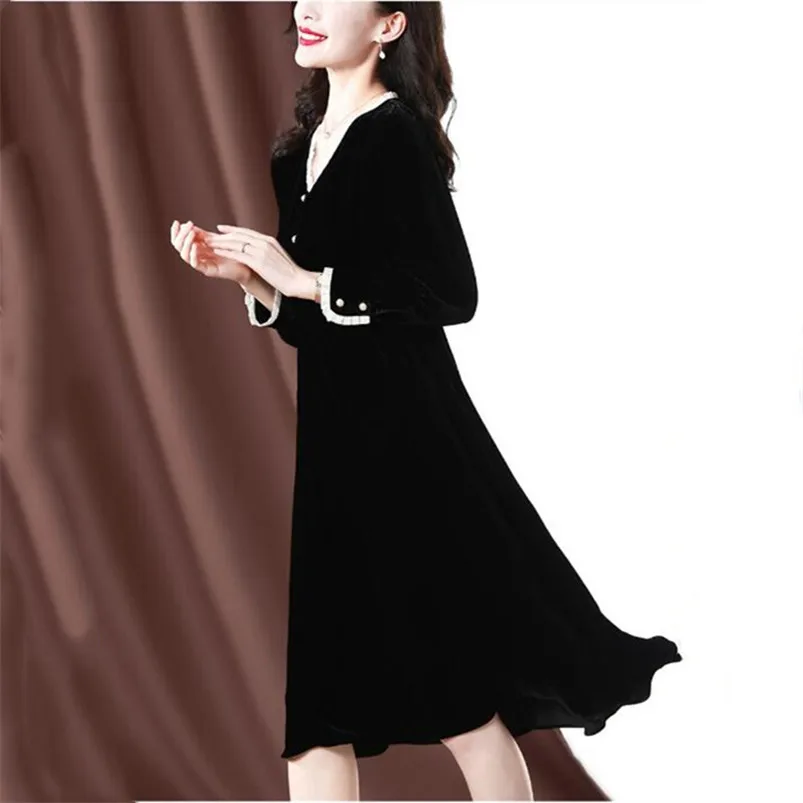 

Fashion New Autumn Winter Dress Women' Wrist Sleeve Casual Vintage Midi Velvet Vestidos Office Elegant Female Solid Robe