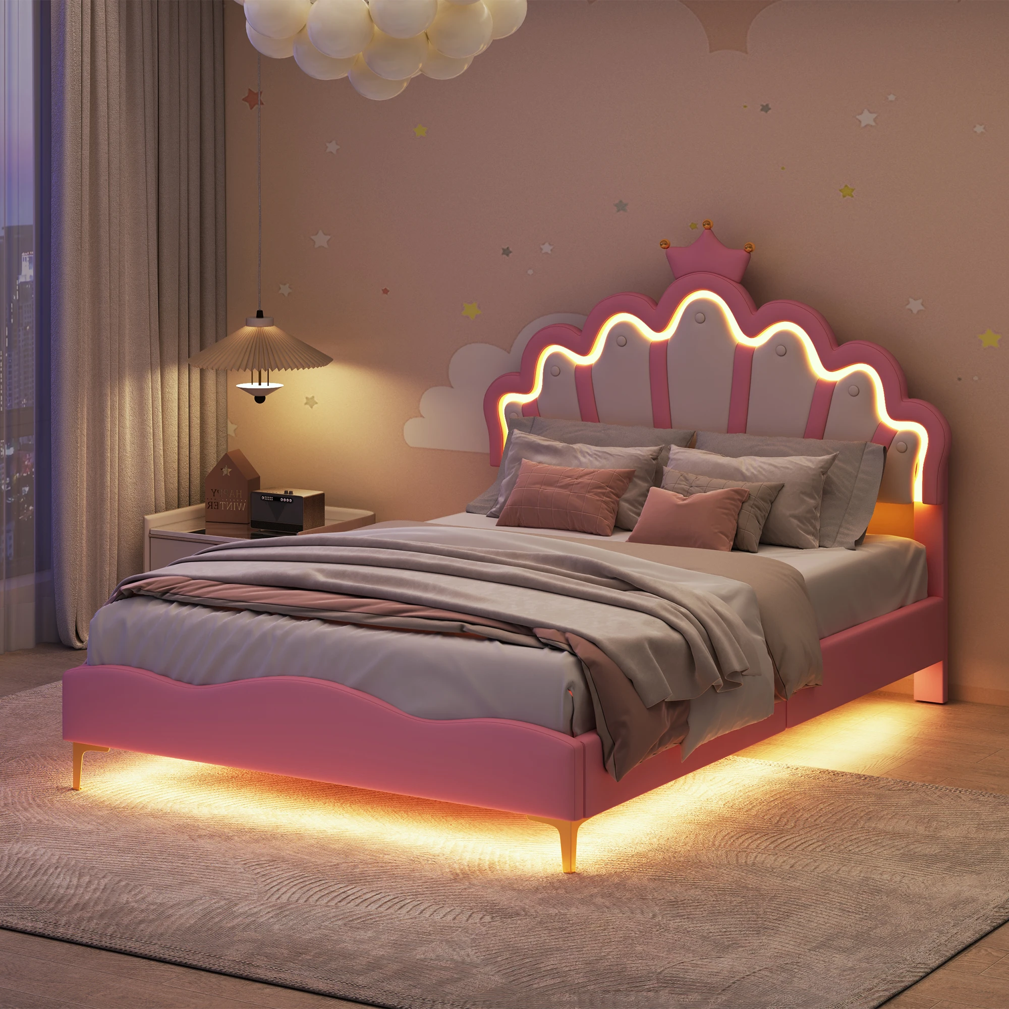 Comanlai 90/140×200 cm Kinderbett, Crown Princess Stauraumbett, Einzelbett, mit Schubladen und LED-Kopfteil und Lattenrost