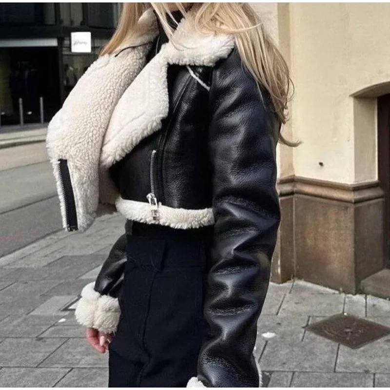 Lapel fur one short jacket 2024 European and American fashion women personality street warm coat