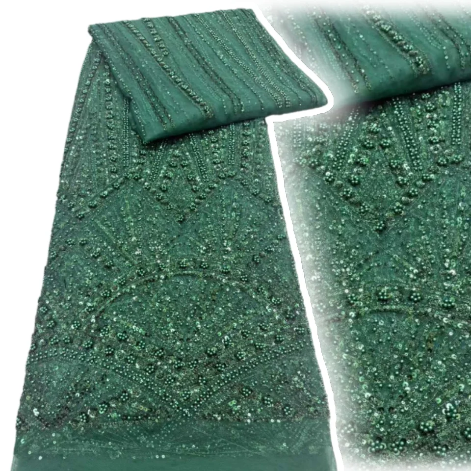 

African Lace Fabric 2025 Handmade Beaded Lace Fabric France Sequins Nigerian Embroidery Bridal Mesh Lace Fabric for Sewing 1741