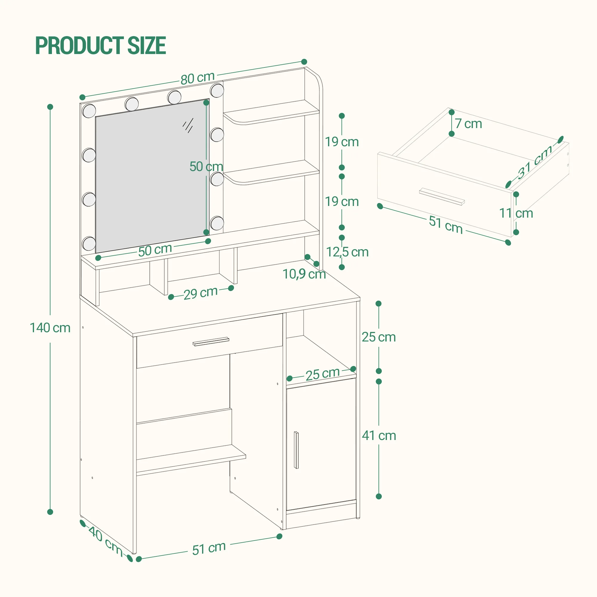 Imagen 7: Hzuaneri Tocador con espejo y 10 luces LED, mueble de tocador con 3 estantes y 4 compartimentos abiertos, con cajón grande