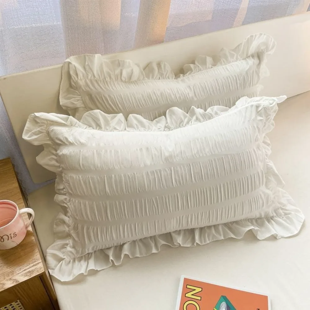 

2PCS Candy Color Ruffle Pillow Case Nordic Style Soft Princess Pillowcase Washable Comfortable Bedding Cover Bedroom