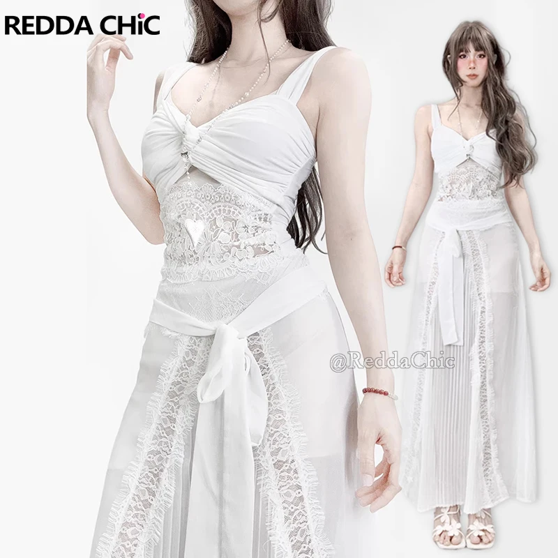 

REDDACHiC Lace Hollow Tank Top Skirt Set Summer Corset Shirring Camisole Pleated Long Flowy Chiffon Skirt Coquette Women Clothes