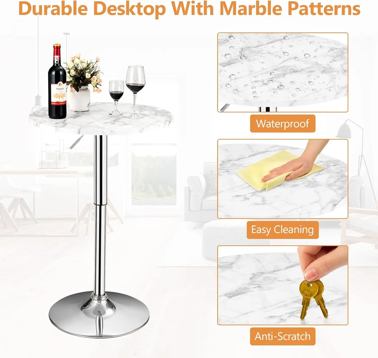 Byroce Round Bar Table, Cocktail Table Height Adjustable With 360° Swivel Top, Silver Leg & Base, High Pub Table For Bistro,