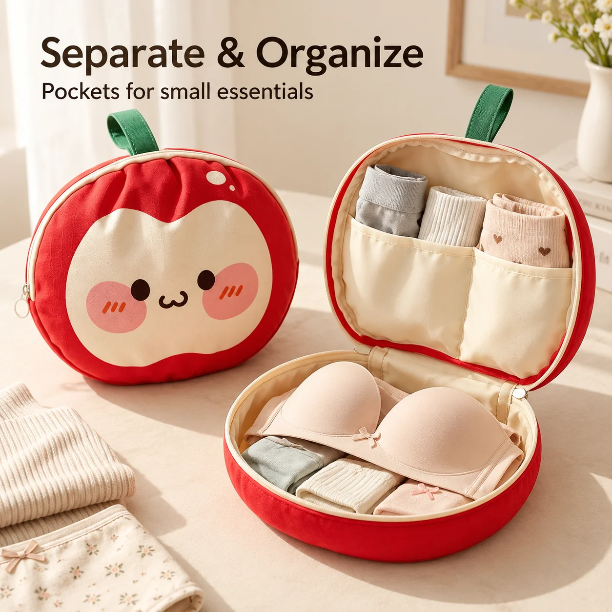 Large Capacity Travel Underwear Storage Bag with Compartments, Foldable Cartoon Bra and Sock Organizer, Polyester 25 x 23 cm