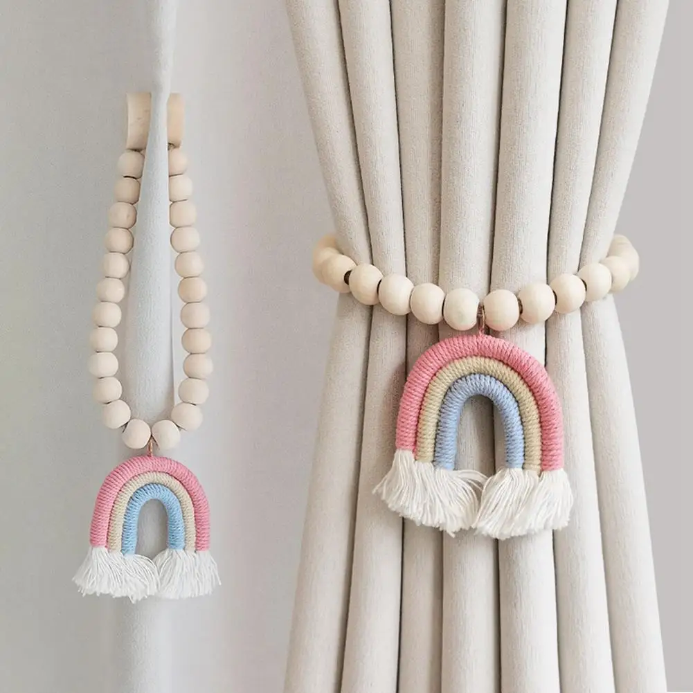 2PCS Deep Pink Rainbow Wood Bead Tassel Curtains Magnetic Buckle Strap Window Door Divider Curtain
