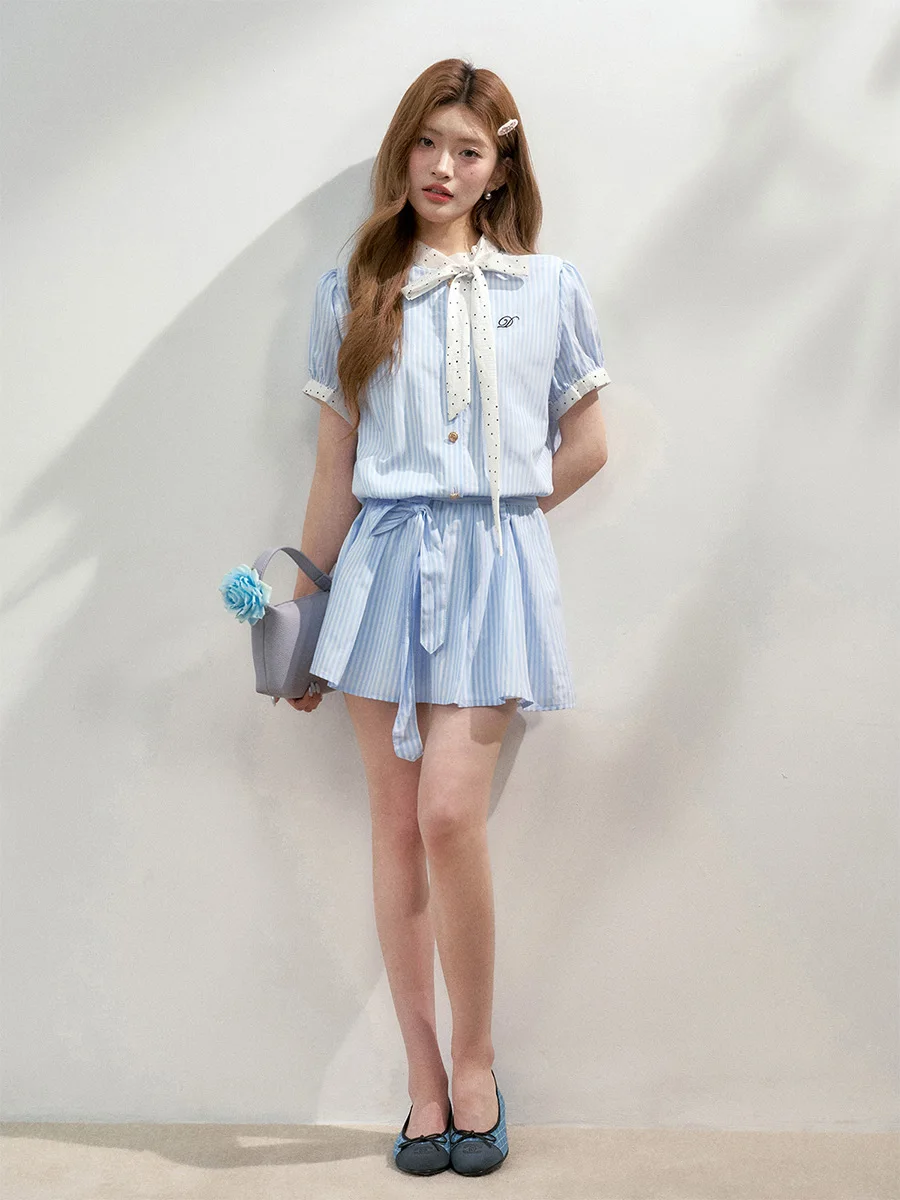 

6DEWS Miu Sle Striped Patchwork Bowknot ort Sve Dr A-Line Skirt Korean Version Soft Cotton Blend Summer Dr