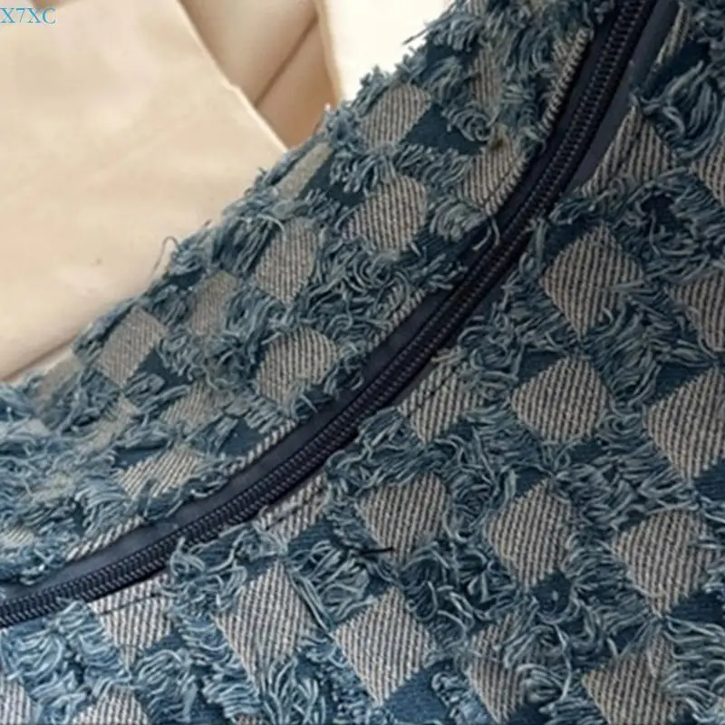 

X7XC Fashionable Denims Checkered Tassels Shoulder Bag for Women Large Capacity Jeans Distressed Zippered Crossbody Handbag
