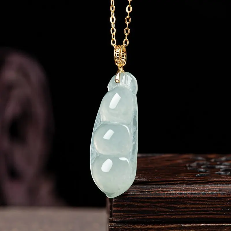 Natural Burmese Jadeite Fortune Bean , 18K Gold Inlaid with White Ice , Women's Jade Pendant