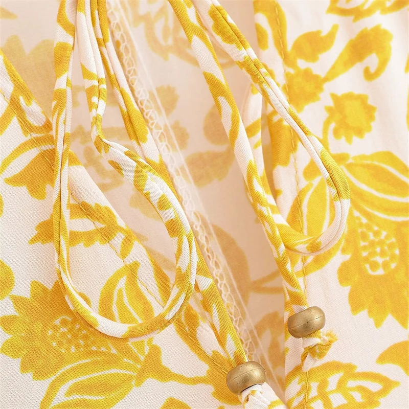 KEANKETIAN 2025 Nuovo stile bohemien Stampa floreale Mini abito in viscosa Perline Con lacci Scollo a V Abiti corti freschi da donna a strati