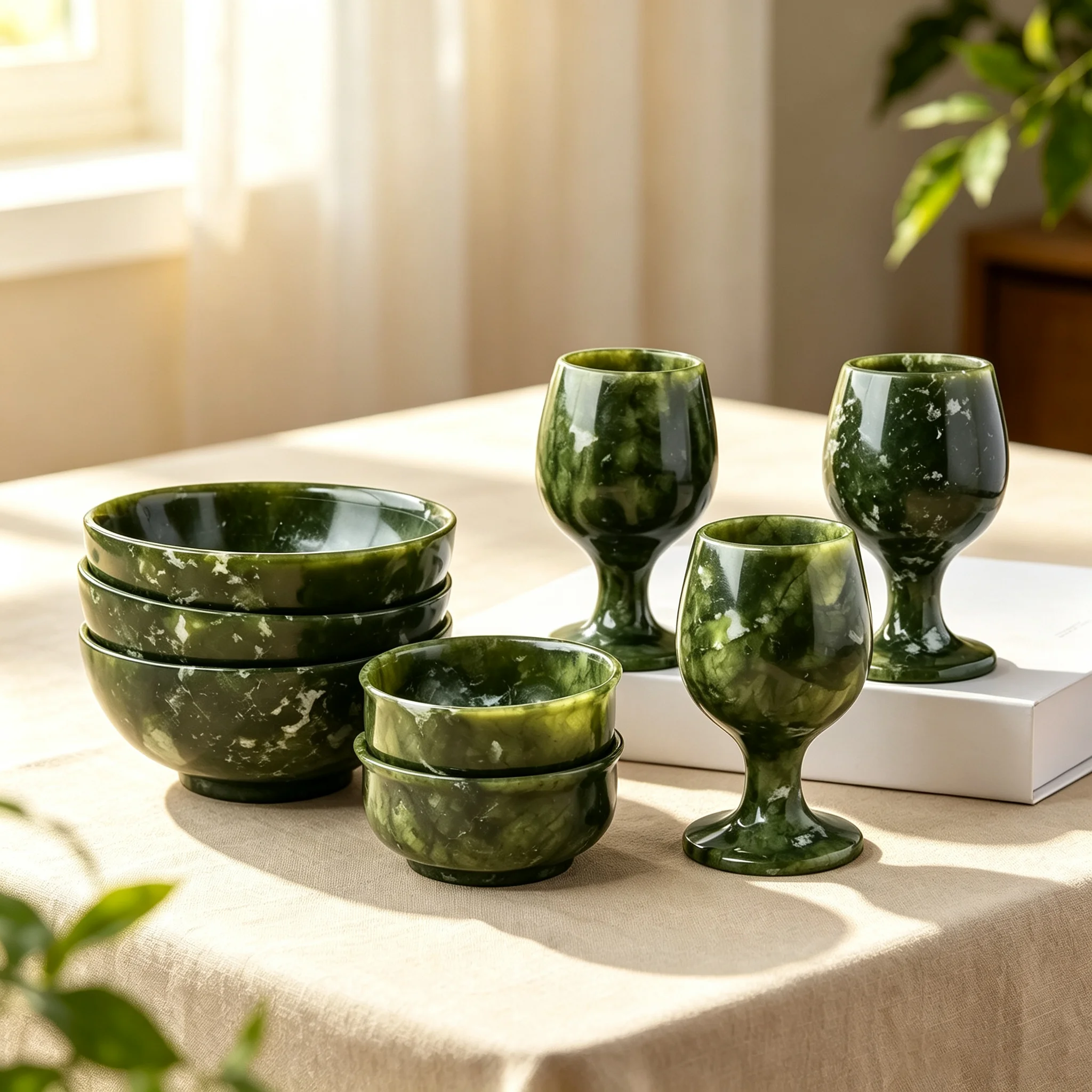 1PC Handmade Natural Green Jade Tableware, Serpentine Stone Bowl Goblet, Altar Offering Vessel, Tea Decor Ornament