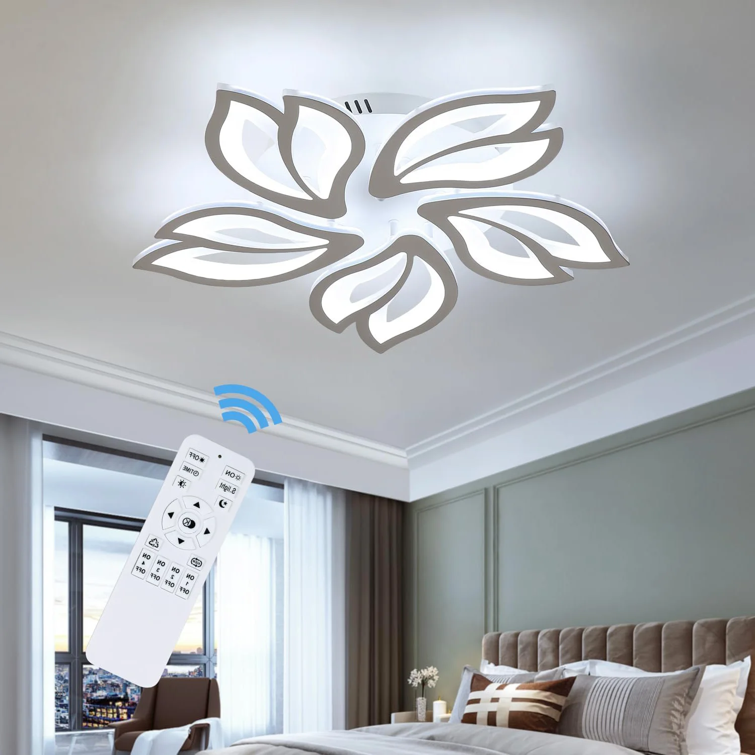 Plafonnier LED, plafonnier LED moderne 45W à intensité variable avec télécommande, plafonnier acrylique blanc à 5 têtes de pétales