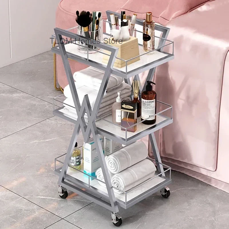 Luxury Golden Beauty Salon Trolley Cart with Wheels Web Celebrity Nail Storage Rack Tool Car Hair Embroidery Auxiliary Cart