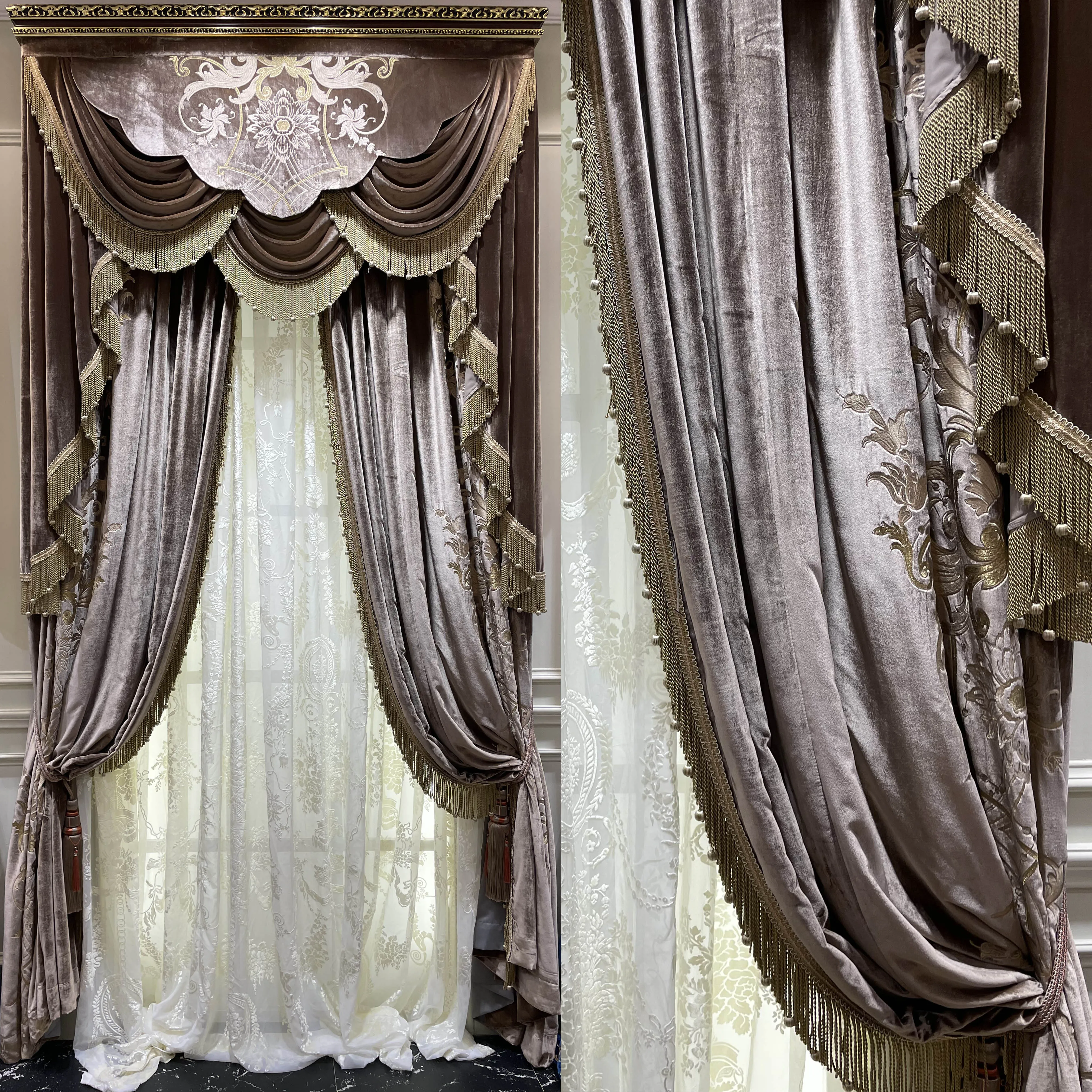 Custom Elegant retro palace window purple velvet embroidery living room cloth valance blackout curtain tulle drape C1986