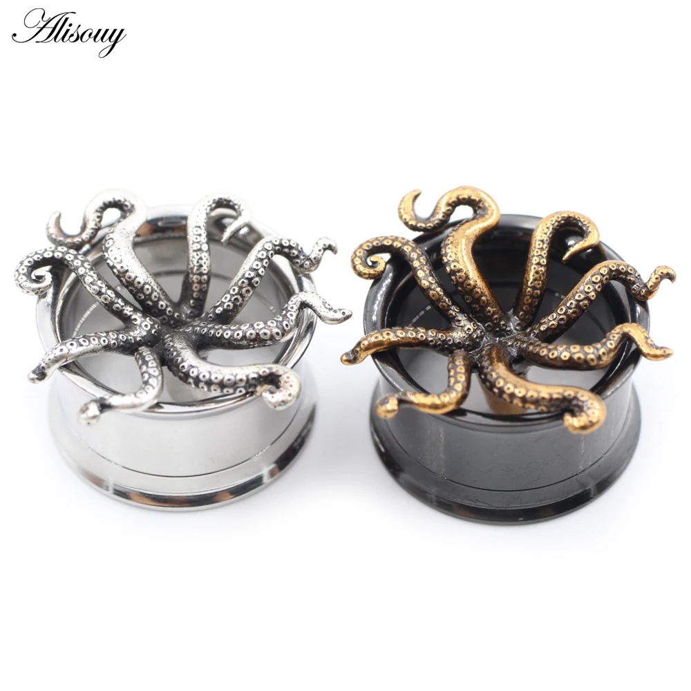 Alisouy 2PCS Stainless Steel Octopus Tentacles Flared Ear Tunnels Plug Expander Stretcher Gauges Earrings Piercing Body Jewelry