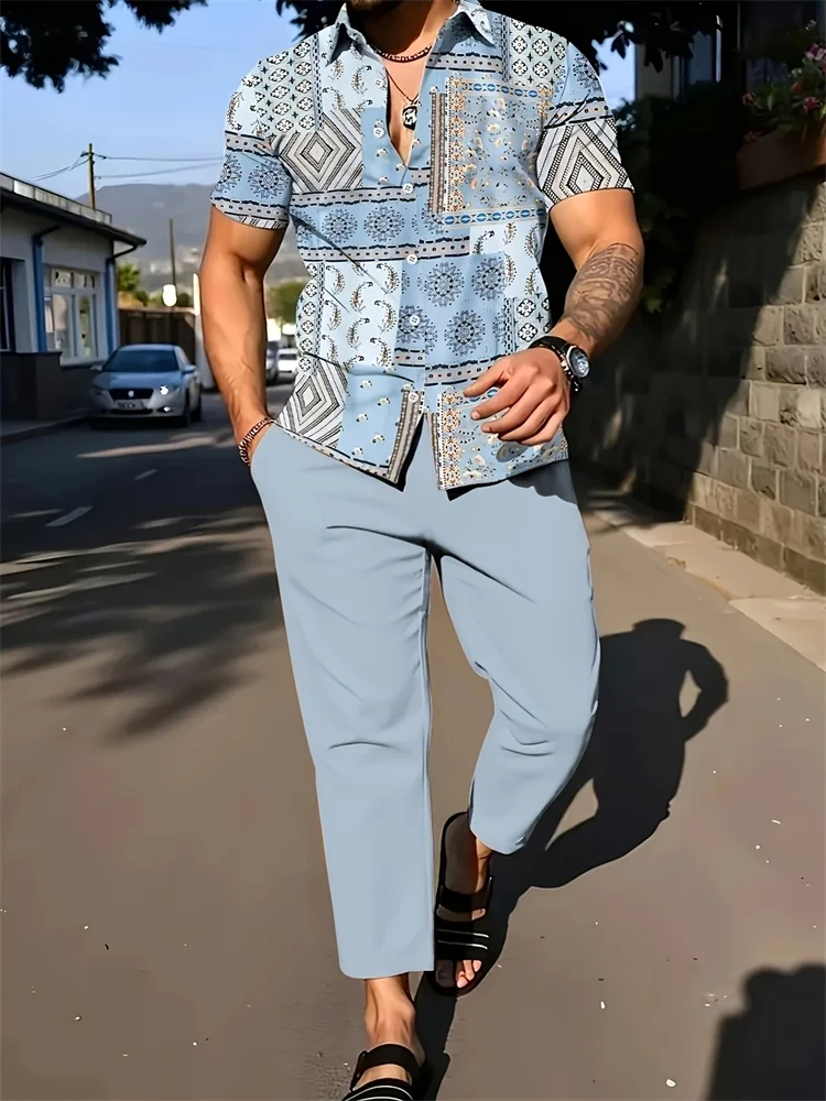 Light blue ethnic style patchwork print suit, short-sleeved shirt and trousers casual two-piece comfortable and relaxed casual