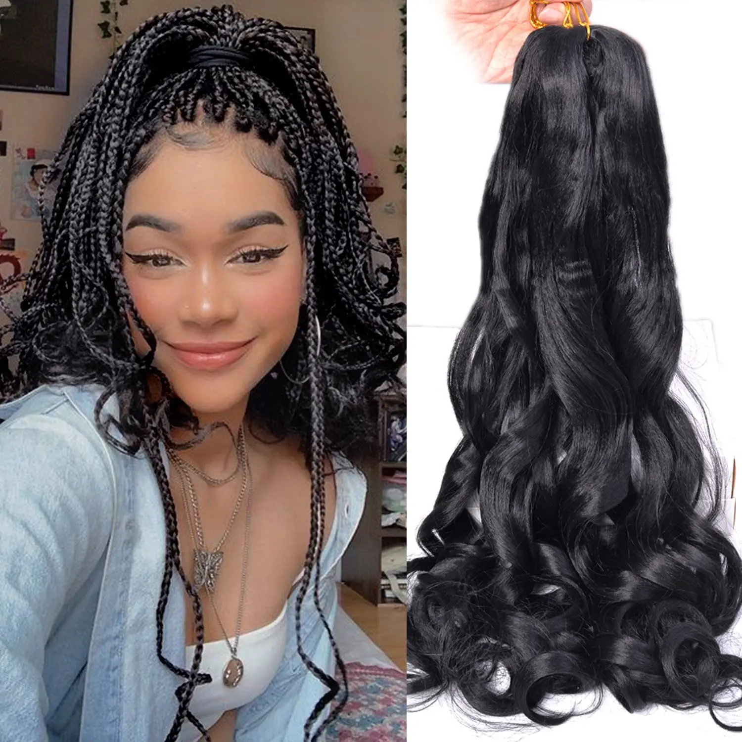 

French Curly Braiding Hair 24 Inch Loose Wavy Bouncy French Curl Braiding Hair Extensions Synthetic Hair Extensions