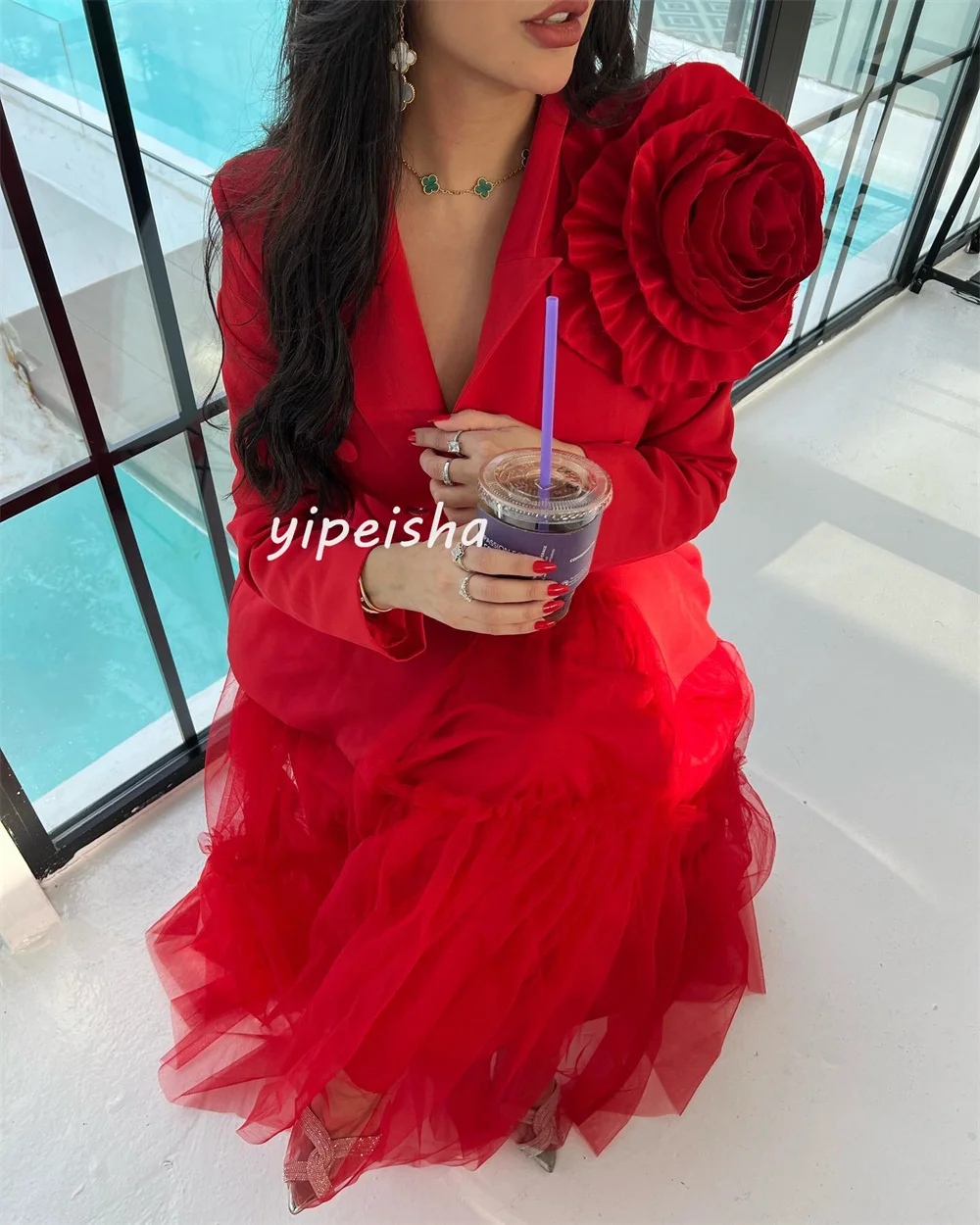 Customized Retro Jersey Button A-line V-neck Midi Dresses Prom Dresses Classic Exquisite Modern Style Pastrol Unisex Chinese Sty