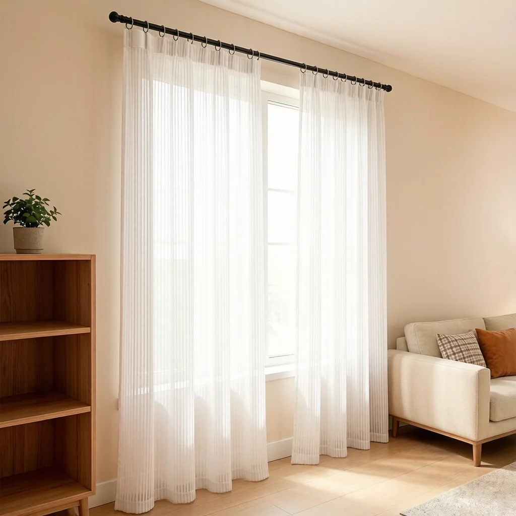White Vertical Striped Sheer Curtains 2 Panels, Four Prong Hook Voile, Light Filtering Window Drape for Bedroom Living Room