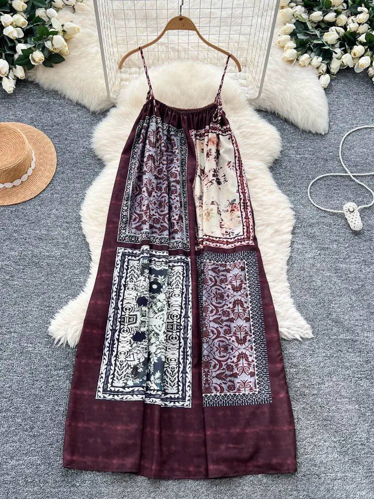 보헤미안 휴가 스타일 꽃 프린트 스트랩 드레스 여성 느슨한 고기 커버 레트로 디자인 우아한 미디 스커트 여름 드레스