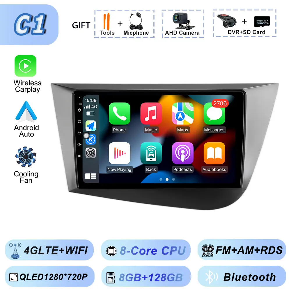 Draadloze Carplay Android 15 voor Seat Leon 2 2005-2012 Multimedia Video Player Wifi Autoradio Navigatie GPS Stereo Android auto