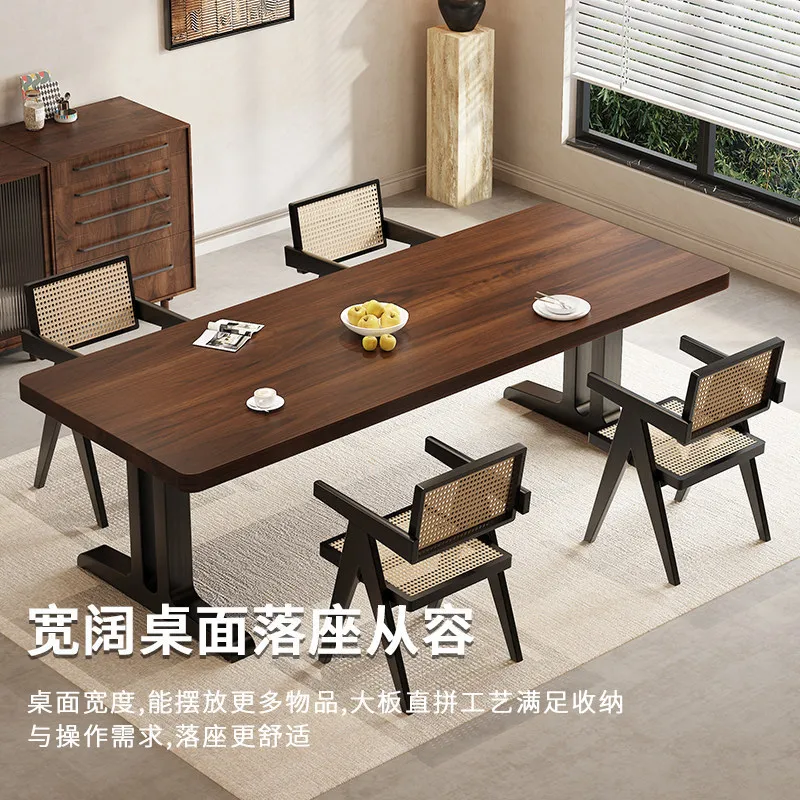 HYS dining table rectangular retro long table light luxury household log tea table solid wood desk integrated
