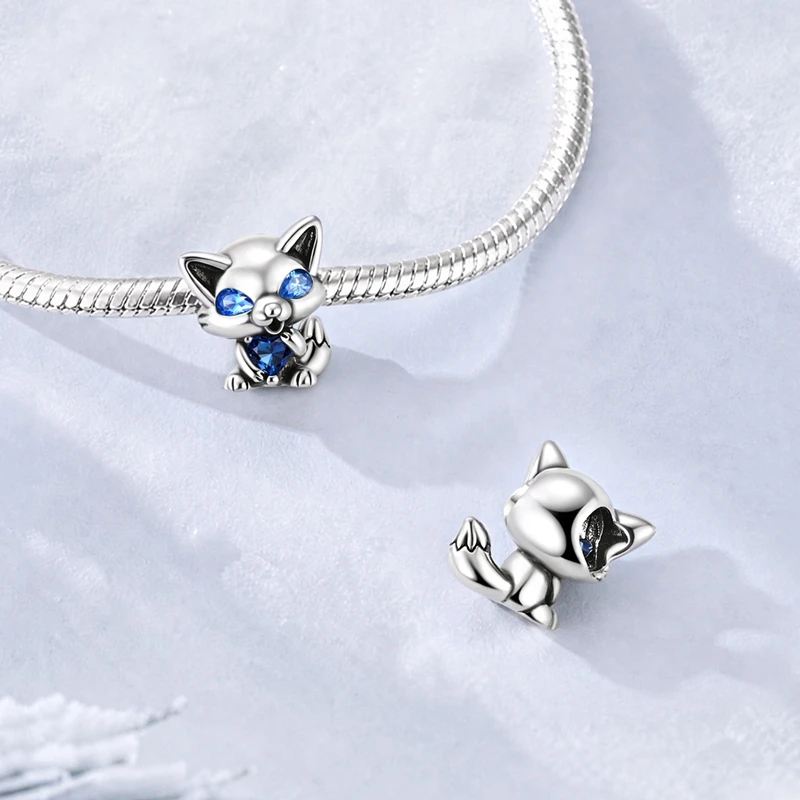Charm 925 Sterling Silver Bead Q-version Arctic Fox Blue Heart Fit Original Bracelet Making Jewelry For Girl Woman