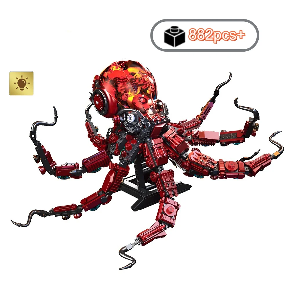 

MOC механические строительные блоки в виде осьминога, креативная сборка, подарок, сделай сам, настольные украшения для детей, подарки на день рождения, Рождество, 882 шт.