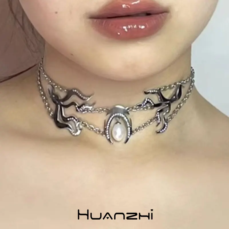 Irregular Line Flame Pearl Metal Moon Multi -Layer Chain Choker for Women Girl Trendy Y2K  Necklace HUANZHI 2023 NEW INS