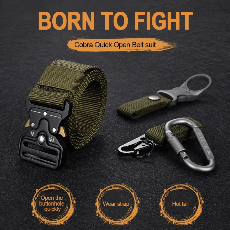 Quick Release Tactical Belts Men Canvas Waistband with Water Bottle Hanging Hook Carabiners Outdoor Hunting Gear Kit