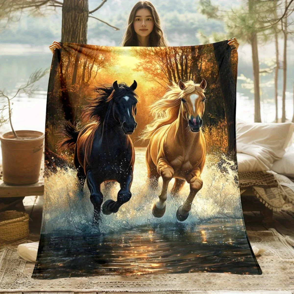 High Quality Horse Print Throw Blanket Equestrian Woodland Art Fleece Decor Cozy Throw for Sofa Bedroom Decor Gift