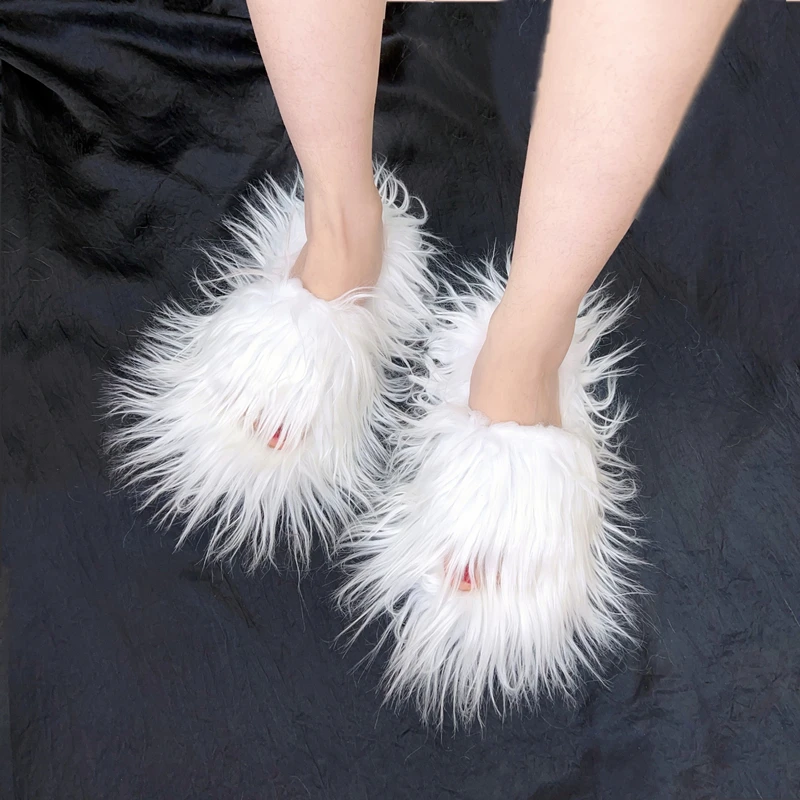 New Design Flat Bottom Fluffy Fuzzy Shoes Long Sheepskin Slide Women Faux Mongolian Fur Slippers 2023 winter fashion warm shoes