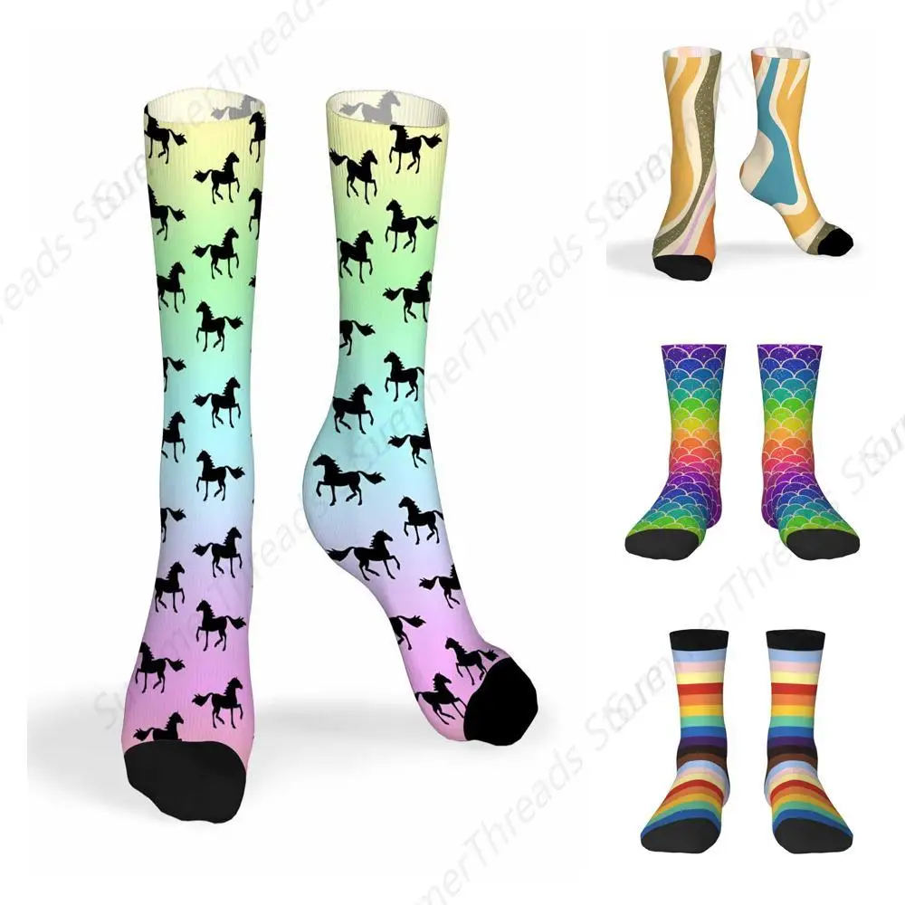 Mens Socks Horse Running Style Funny Novelty Crazy Crew Socks Rainbow Gradient Background Socks for Women Gifts Dress Socks