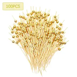 100/25Pcs Gold Pearl Cocktail Picks Food Fruit Picks Wedding Party Disposable Cake Dessert Cocktail Sticks Toothpick Skewer
