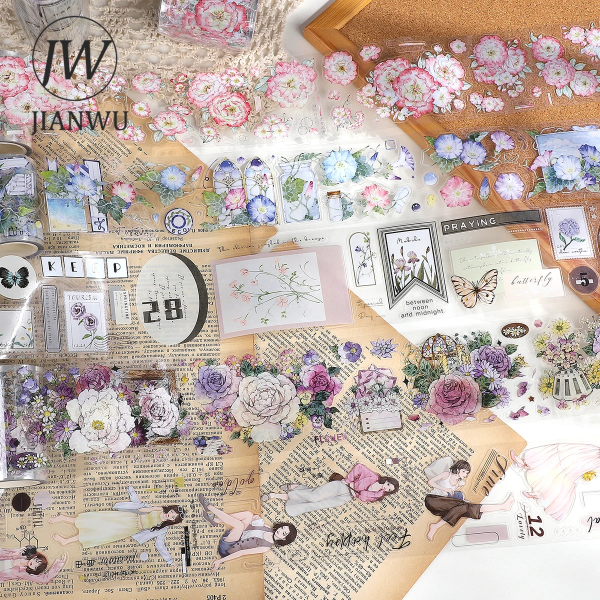 JIANWU 500cm/600cm Literary Girl Character Flower Label Material Collage PET Tape Creative DIY Journal Scrapbooking Stationery