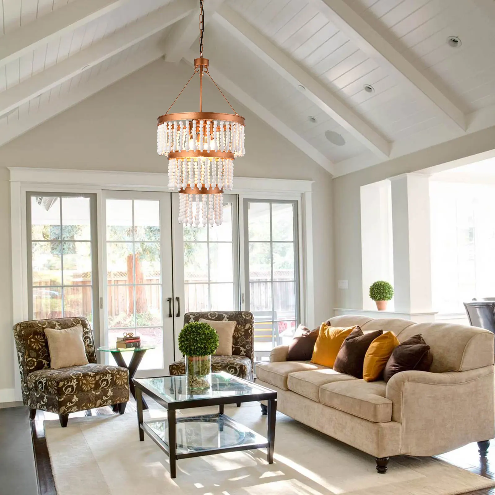 TS-HSLT-650 Lampada a sospensione con perline di legno in oro - Diametro 16 pollici * Altezza 29,5 pollici, lunghezza catena 59 pollici - Senza sorgente luminosa E12 * 5-