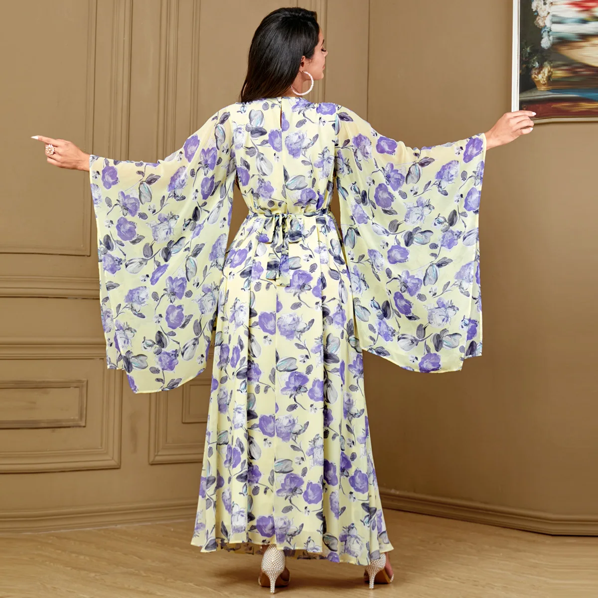 

Eid Muslim Party Dress for Women Ramadan Abaya Bat Sleeve Print Long Robe Morocco Kaftan Vestidos Largos Dubai Jalabiya 2024