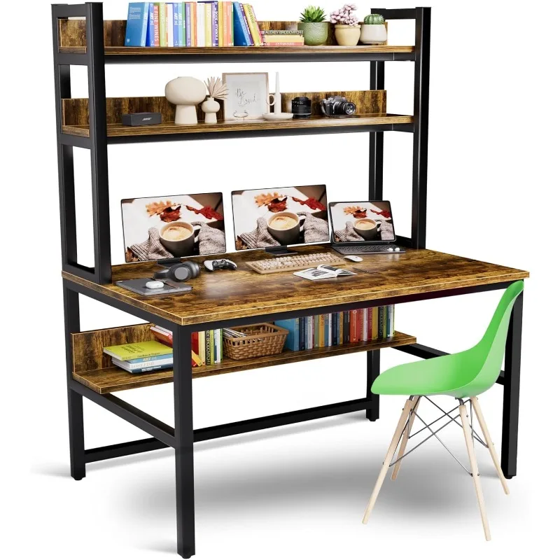 Computer Desk with Hutch Bookshelves,55 Inch Home Office Writing Desk,Gaming Table with Storage Shelves Bookshelf , Rustic Brown