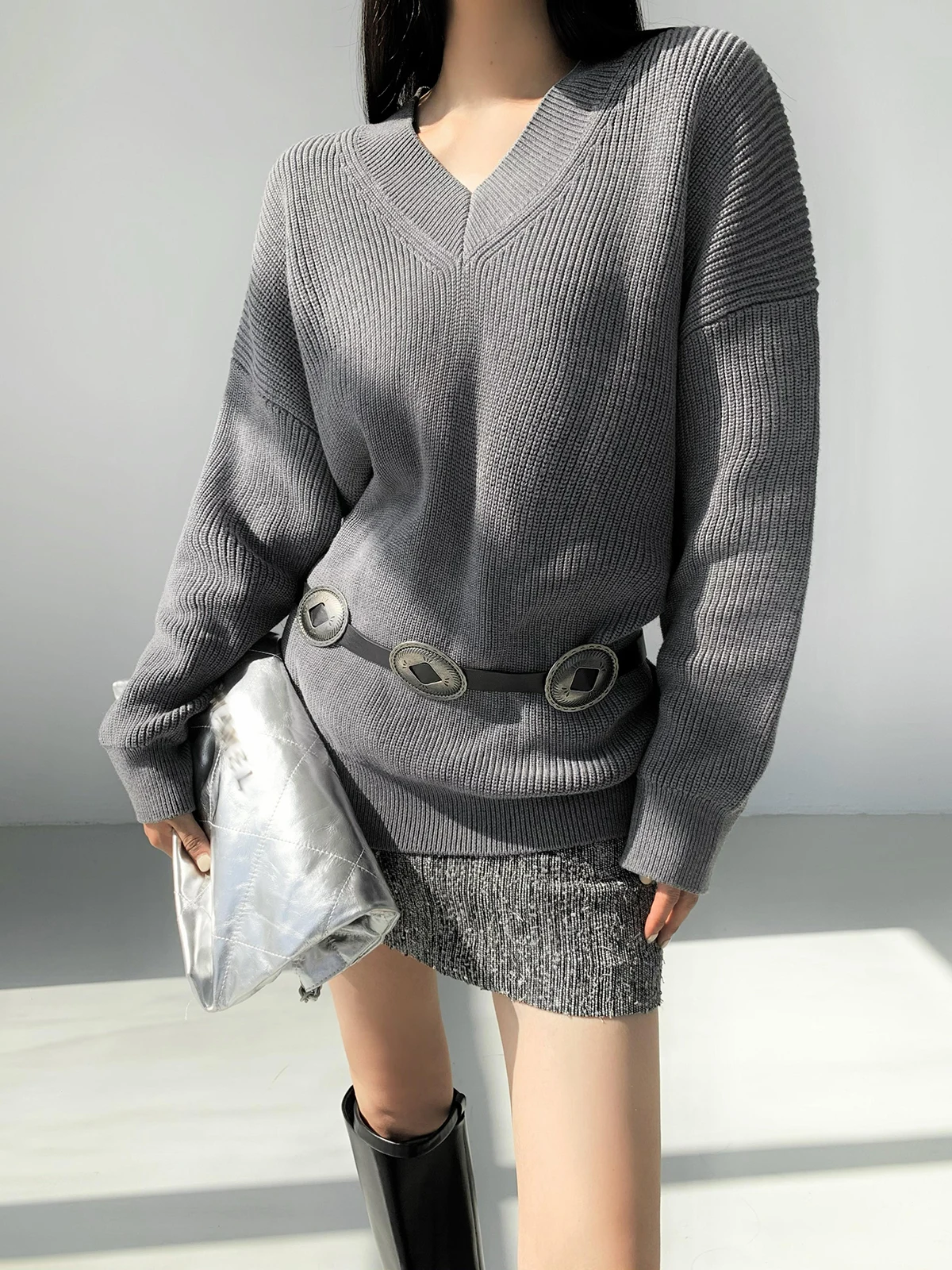 

ZhouMiao Merino Wool Blend Oversized V-Ne Knitted Sweater Women's Loose Fit Long Sve Comfortable Knitwear Casual Sle