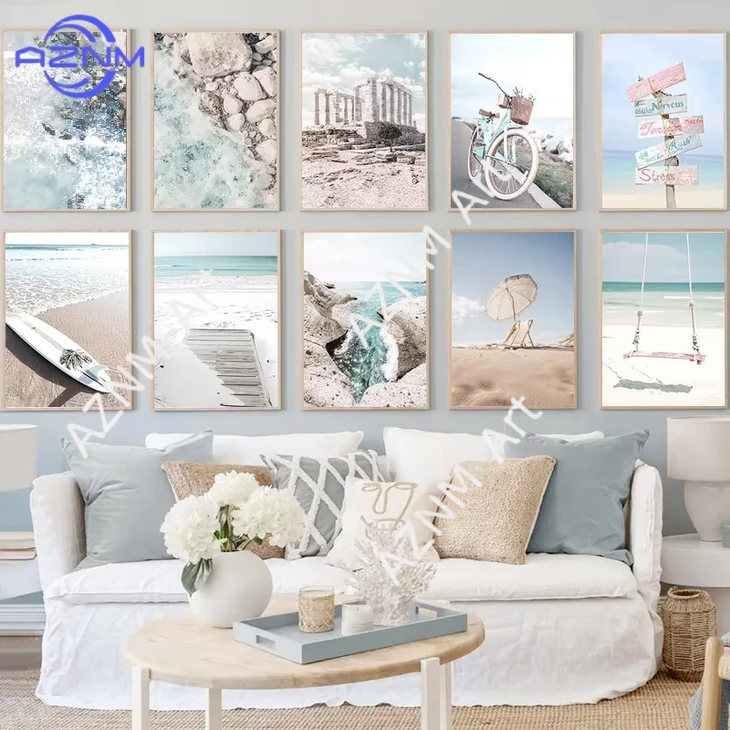 1PC ，Nordic Ocean Landscape Canvas Painting Beach Logo Surfboard Poster Athenian Acropolis Swing Bicycle Picture Home Decoration